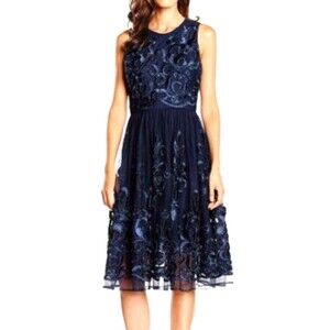 Belle Badgley Mischka Vara Dress Sleeveless Blue Ribbon Lace A Line Midi Sz 12